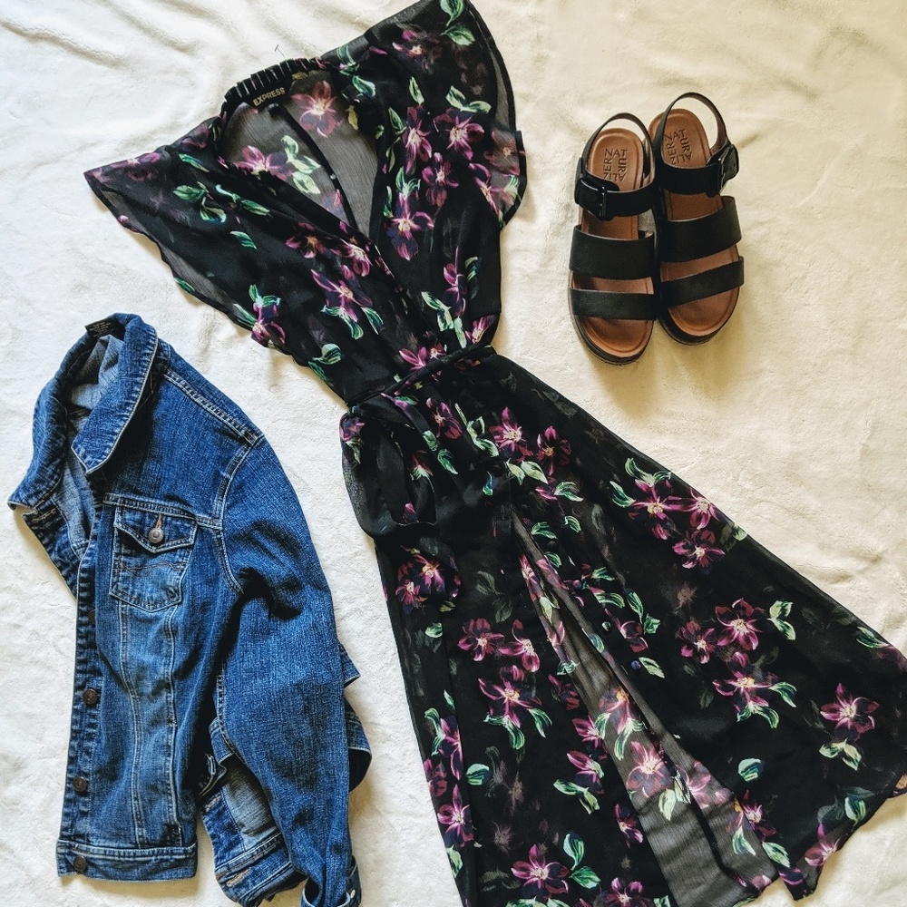 Express Black Floral Cover-Up Sheer Dress